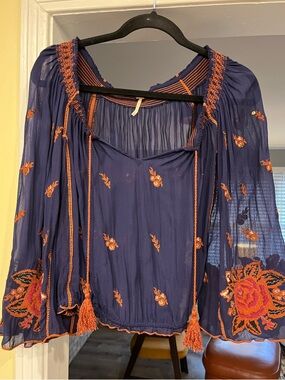 Free People Navy Peasant Blouse with Orange Embroidery Size XS
